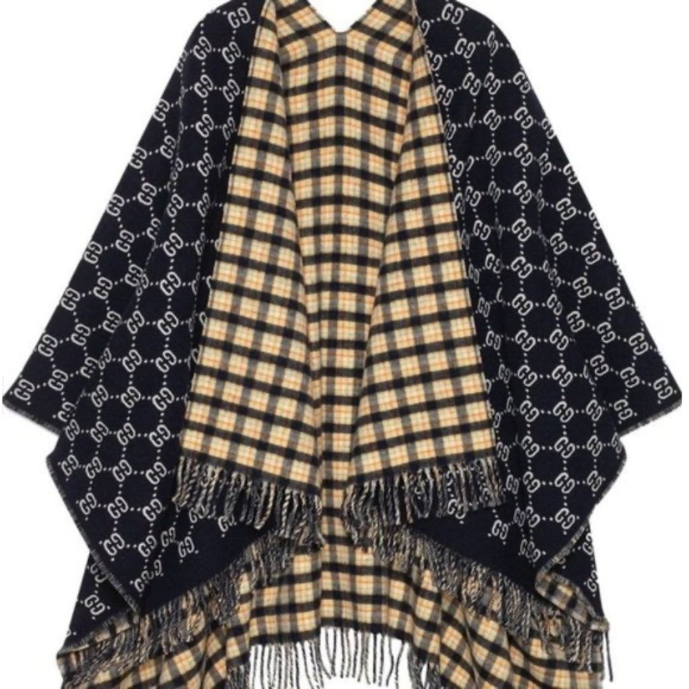 Gucci Poncho GG Logo Reversible Fringed 100% Wool - Picture 2 of 16
